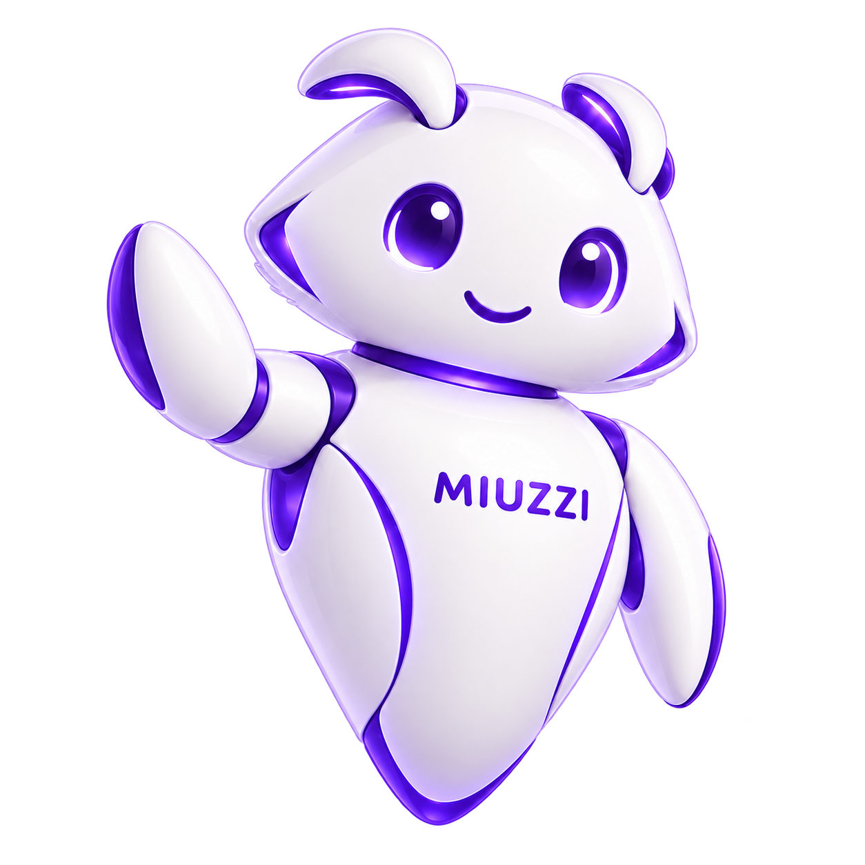 Miuzzi, nosso robozinho branco e roxo, acenando para você